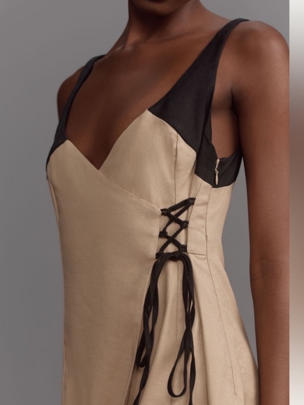 Anthropologie Beige and Black Lace-Up Slip Dress